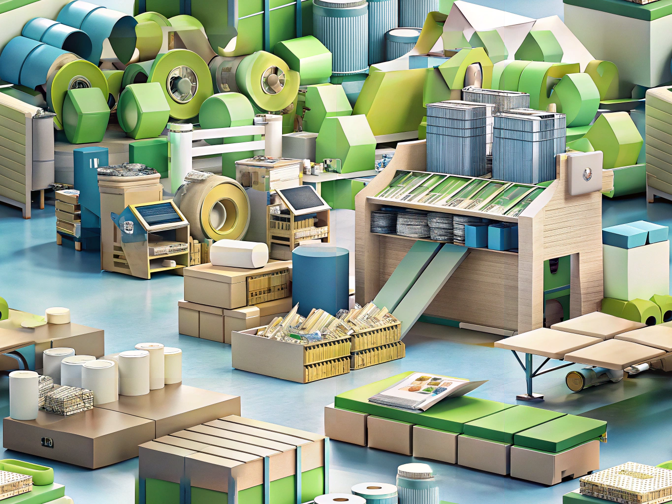 Recycled materials used in a commercial printing environment showcasing sustainable printing solutions