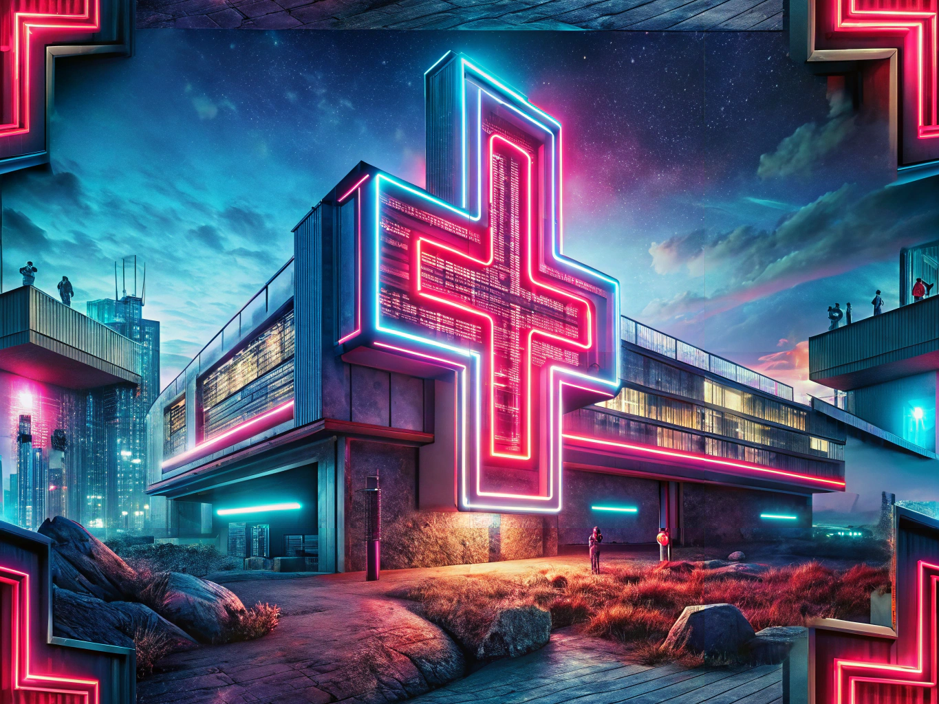 Vibrant neon sign illuminating a hospital at night, representing the longevity of neon signs.