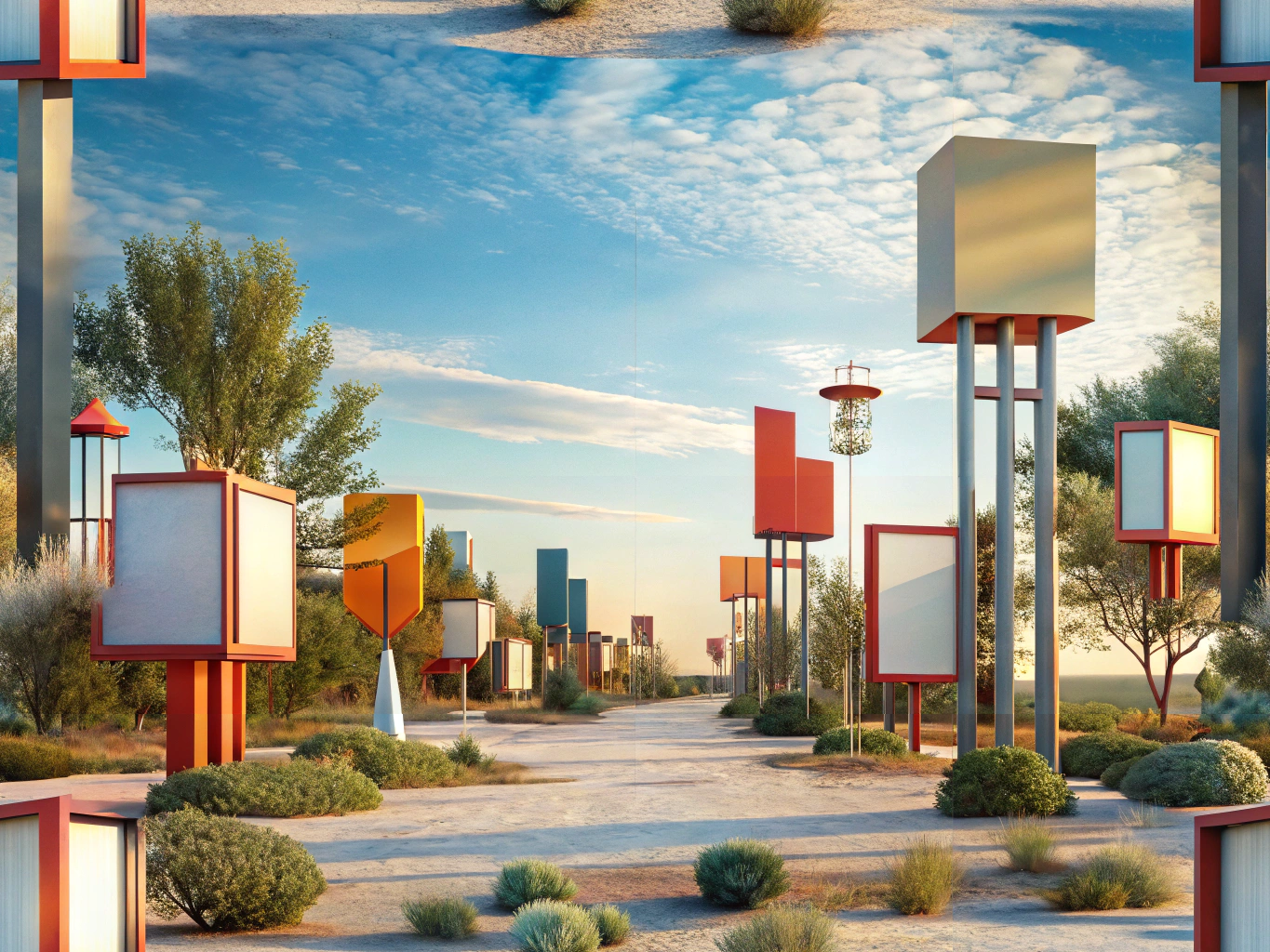 Various outdoor signs demonstrating visibility and readability in a natural setting
