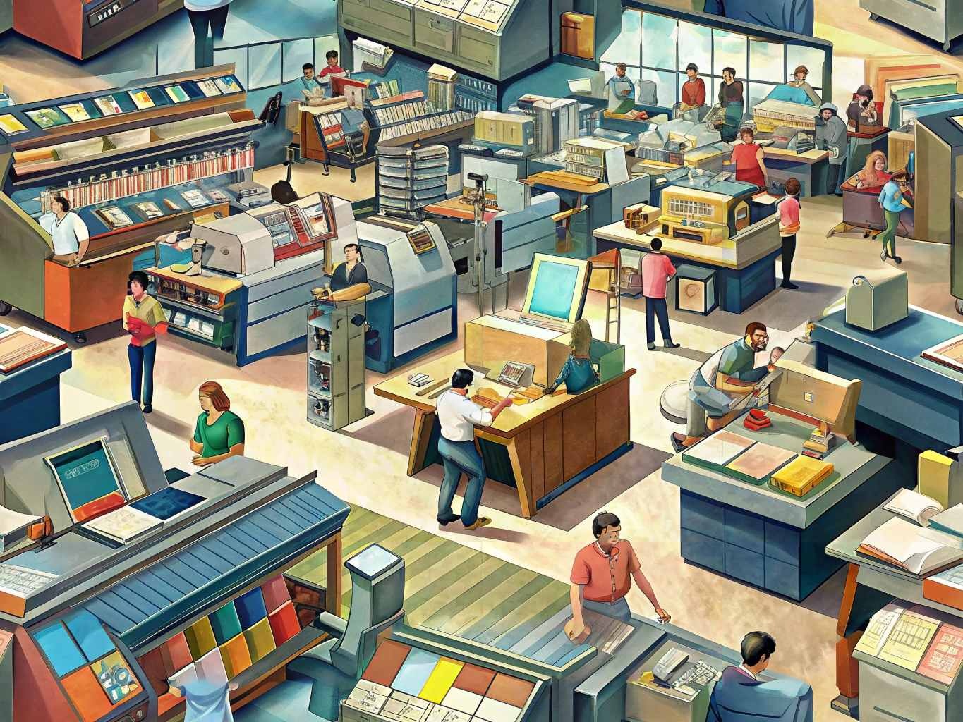 A busy print shop showcasing various printing machines and colorful printed materials, representing a guide for commercial real estate companies.