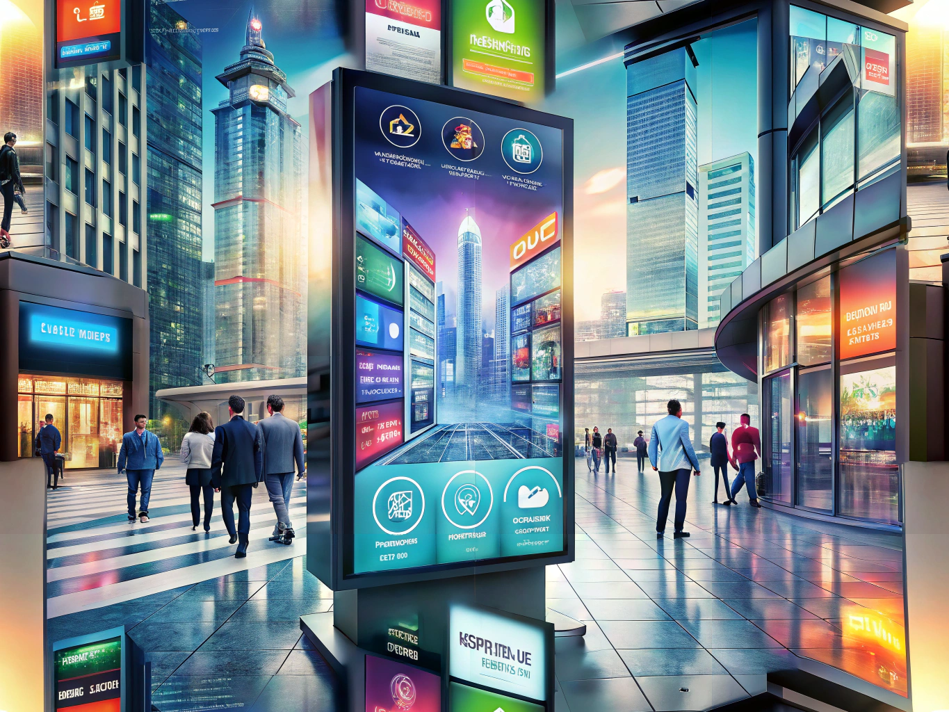 Modern digital signage display in an urban setting showcasing advertisements and information