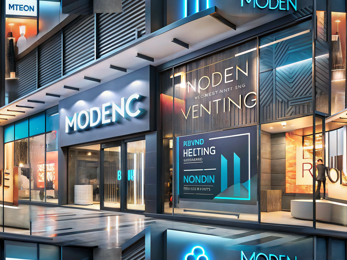 Diverse signage options for new businesses in a vibrant urban storefront