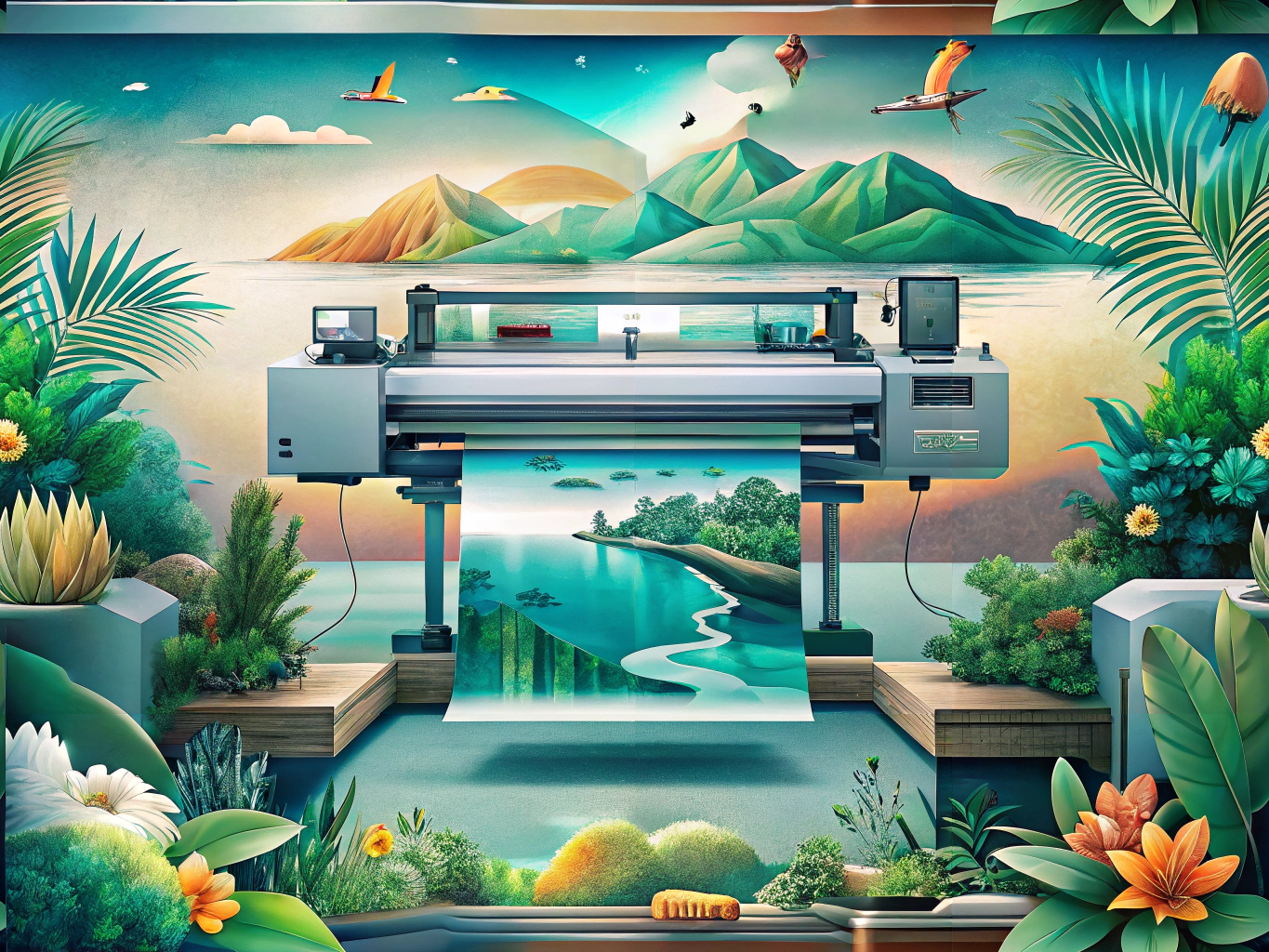 Eco-friendly print-on-demand setup in a boat/yacht club promoting sustainable printing practices